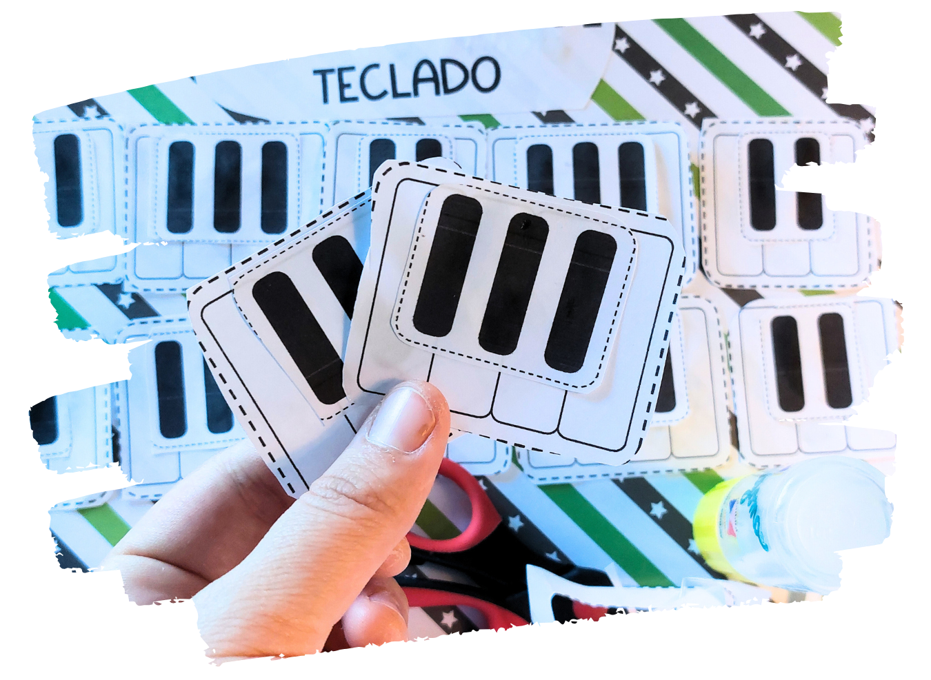Printable piano keyboard puzzle – build-the-keyboard activity to help kids learn the layout of white and black piano keys through hands-on play.