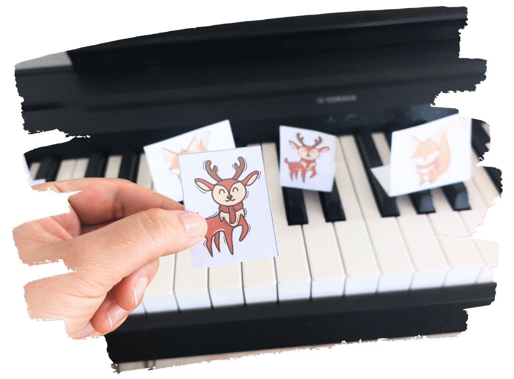Free piano key tokens – deer and fox markers for learning groups of 2 and 3 black keys on the piano keyboard.