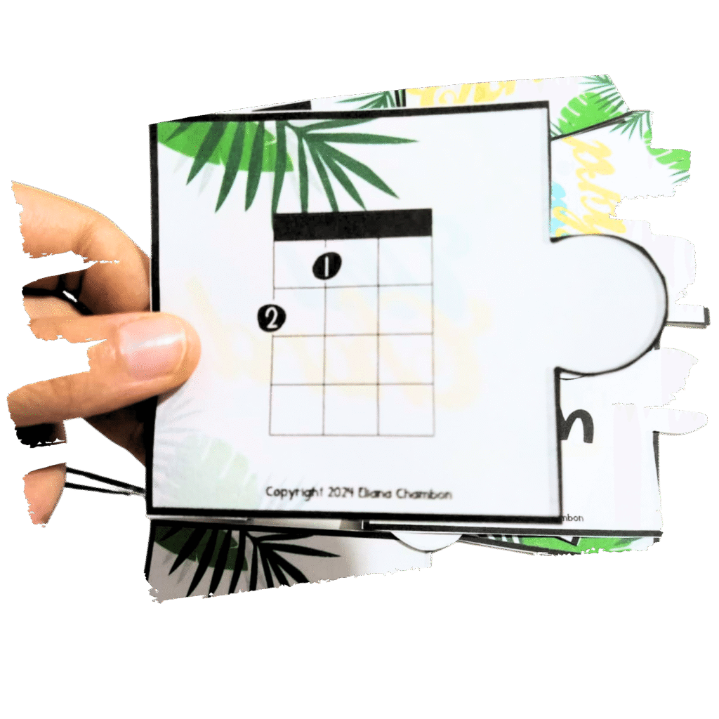 Ukulele chord puzzle matching diagrams with chord names.