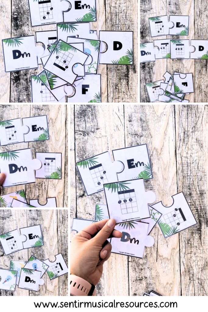 ukulele chord matching game for beginners with printable cards, fun music activity for kids in elementary music class