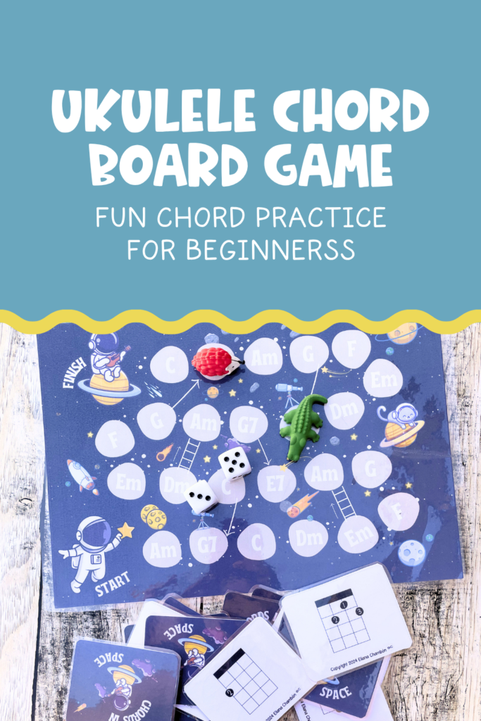 Printable Ukulele Chord Board Game for beginners. Educational music game designed to help students practice ukulele chord recognition, chord diagrams, and finger placement through play. Ideal for elementary music classes, music centers, and beginner ukulele lessons.