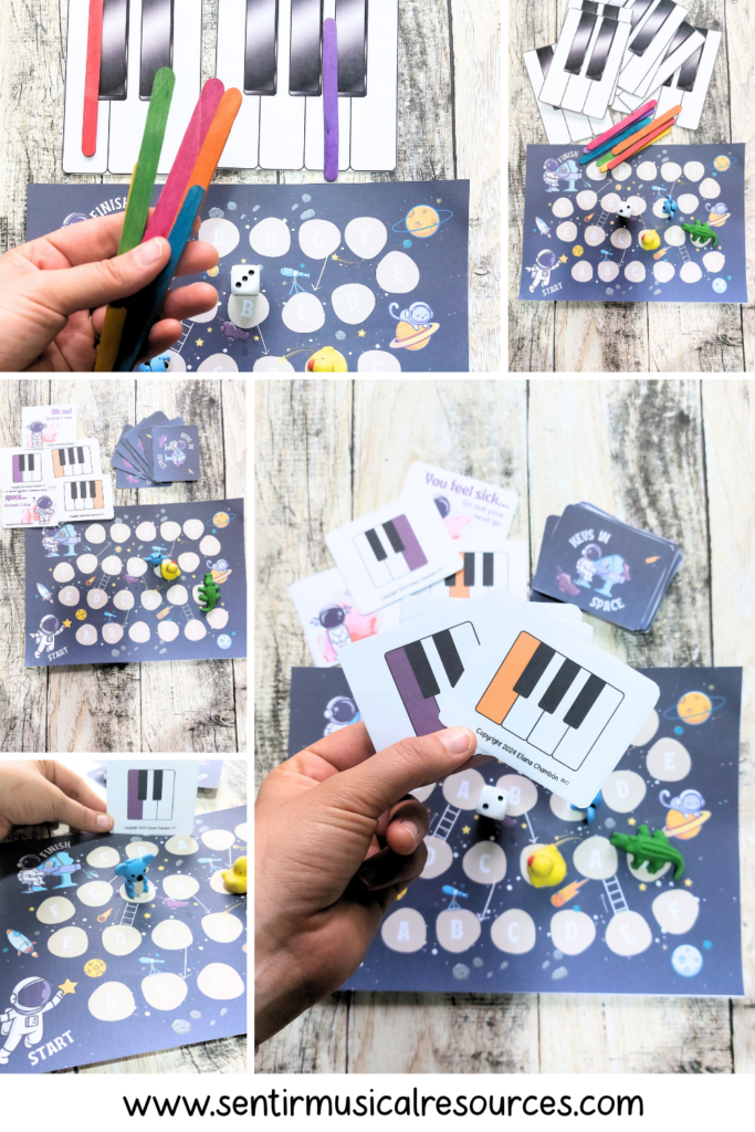 Collection of printable beginner piano activities including piano key games, worksheets, and visual music resources for children.