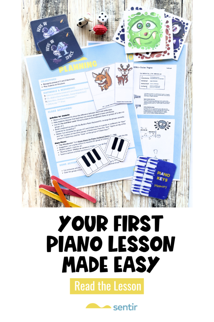 Teacher introducing a first piano lesson using printable keyboard games and hands-on activities for beginner piano students.