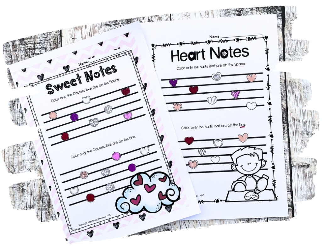 Valentine’s Day lines and spaces music worksheets for elementary students, practicing staff reading with hearts and themed illustrations