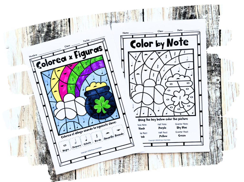 St. Patrick’s Day color by rhythm worksheet for elementary music students practicing note values and rhythm recognition
