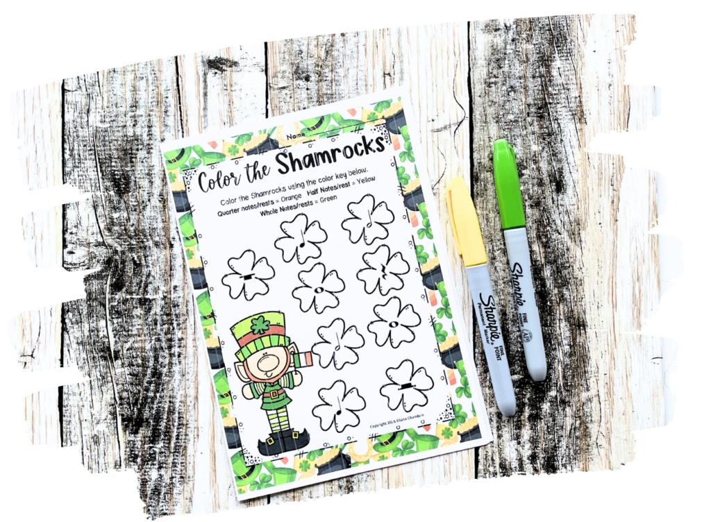 St. Patrick’s Day rhythm worksheets for elementary music class with note values and time signature practice