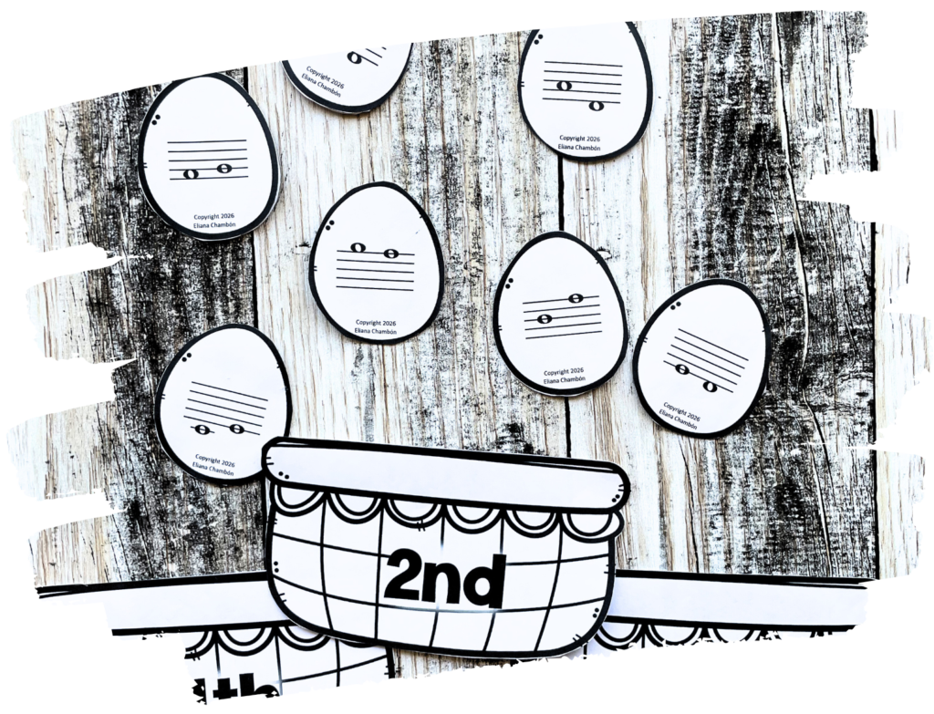 Colorful Easter egg hunt melodic intervals game with black and white version for music theory