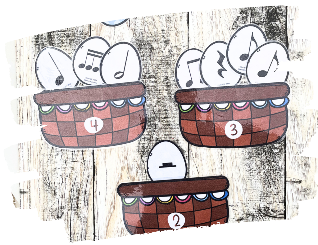 Rhythm building game with Easter eggs – note values and music math activity for kids