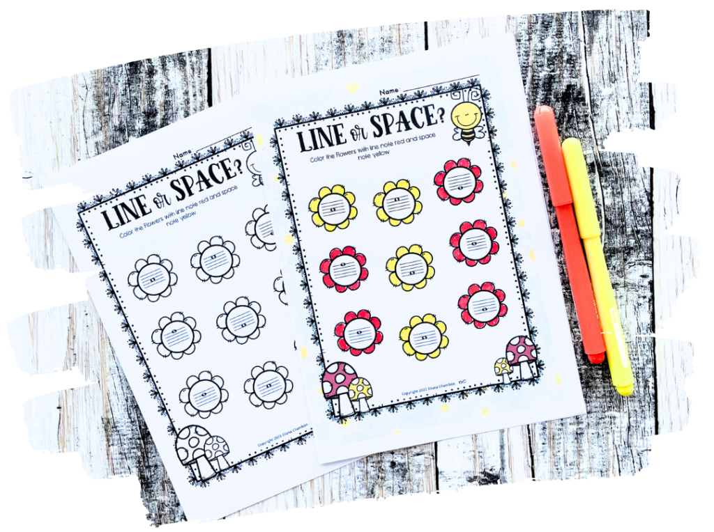 Spring line and space music worksheet for elementary students practicing staff note recognition with seasonal Easter-themed activities.