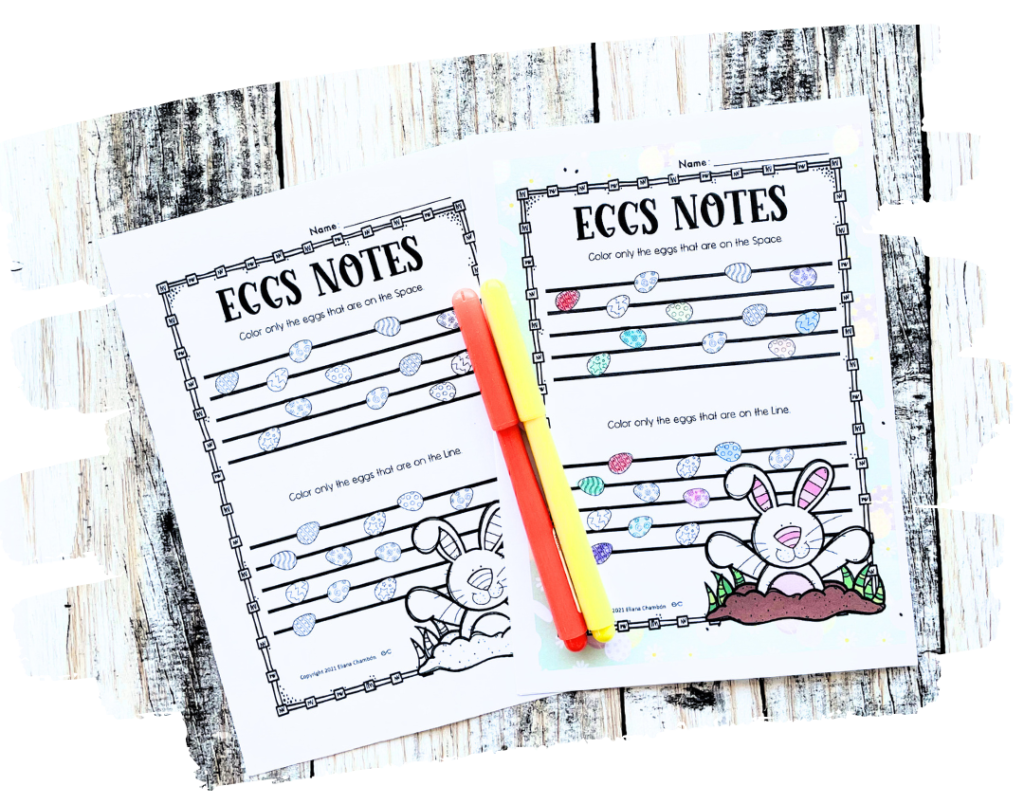 Printable spring & easter music worksheet helping students identify line and space notes on the staff for beginner note reading practice.