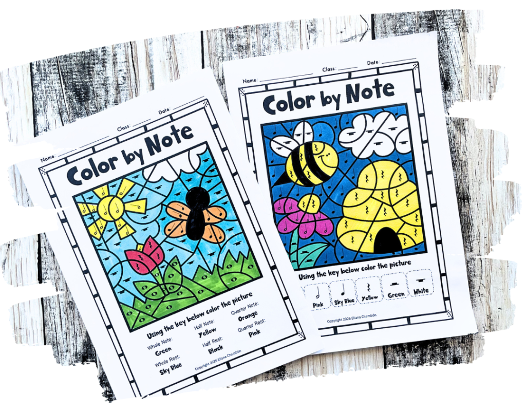 Spring color by rhythm worksheet for elementary music students practicing note values and rhythm recognition through a fun Easter-themed coloring activity.