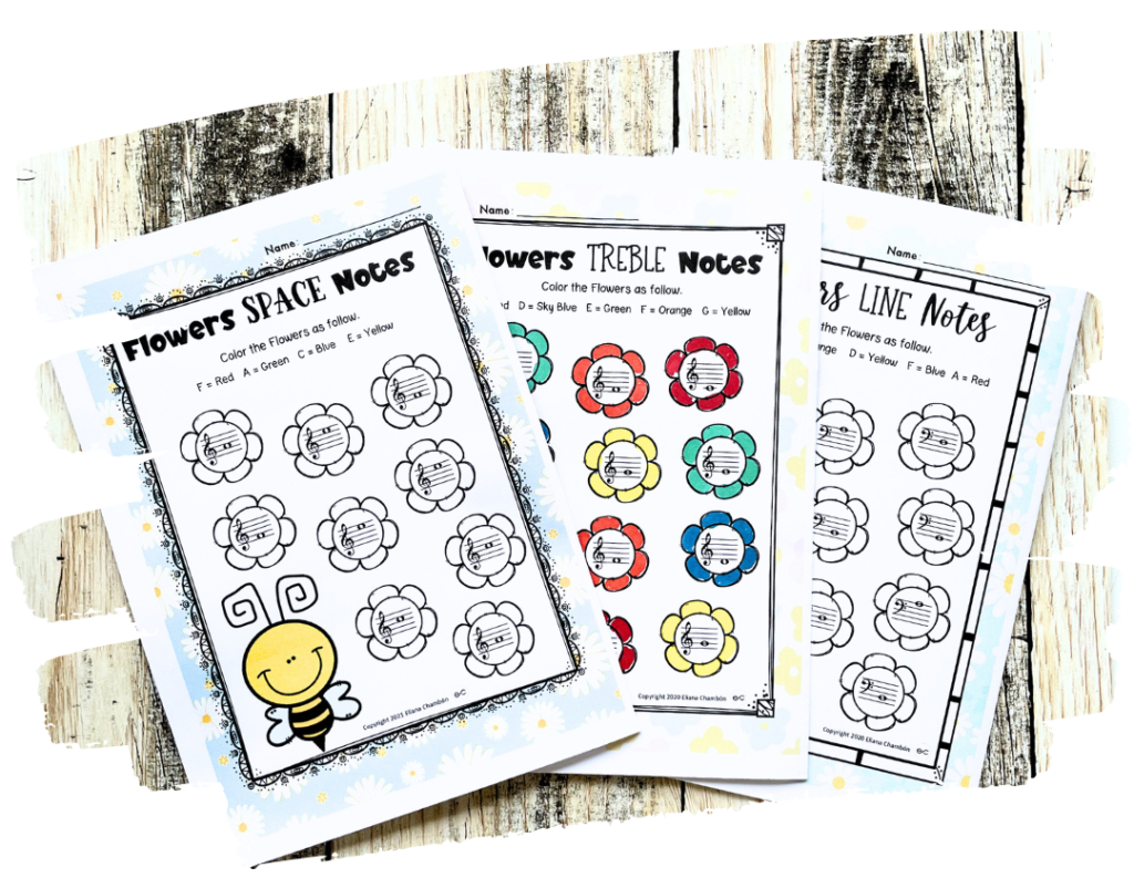 Spring note naming worksheet for elementary music students practicing treble and bass clef note identification.