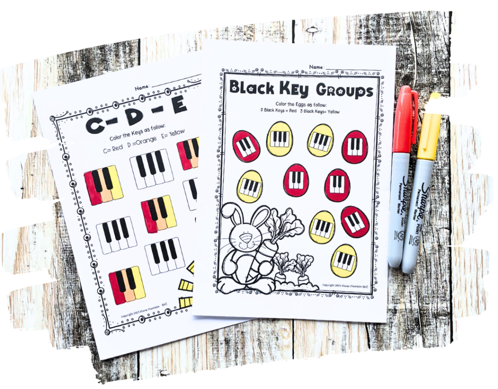 Spring piano worksheet for beginners practicing piano key identification with Easter-themed keyboard activities for elementary music students