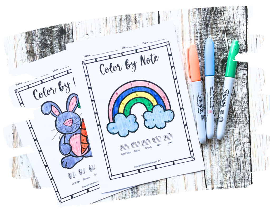 Spring color by note music worksheet helping beginner students practice note identification on the staff through a seasonal Easter coloring activity.