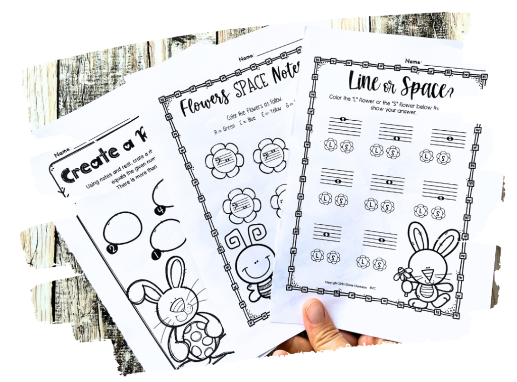 Free spring music worksheets for elementary students featuring rhythm practice, piano keyboard activities, and note reading exercises with fun seasonal themes.