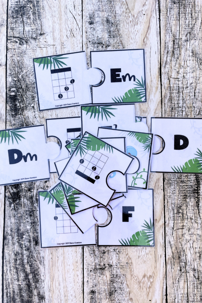 ukulele chord matching game for beginners with printable cards, fun music activity for kids in elementary music class