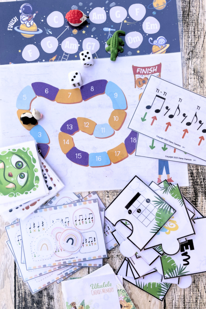ukulele games bundle for beginners with printable chord and strumming activities, perfect for music centers and elementary music lessons