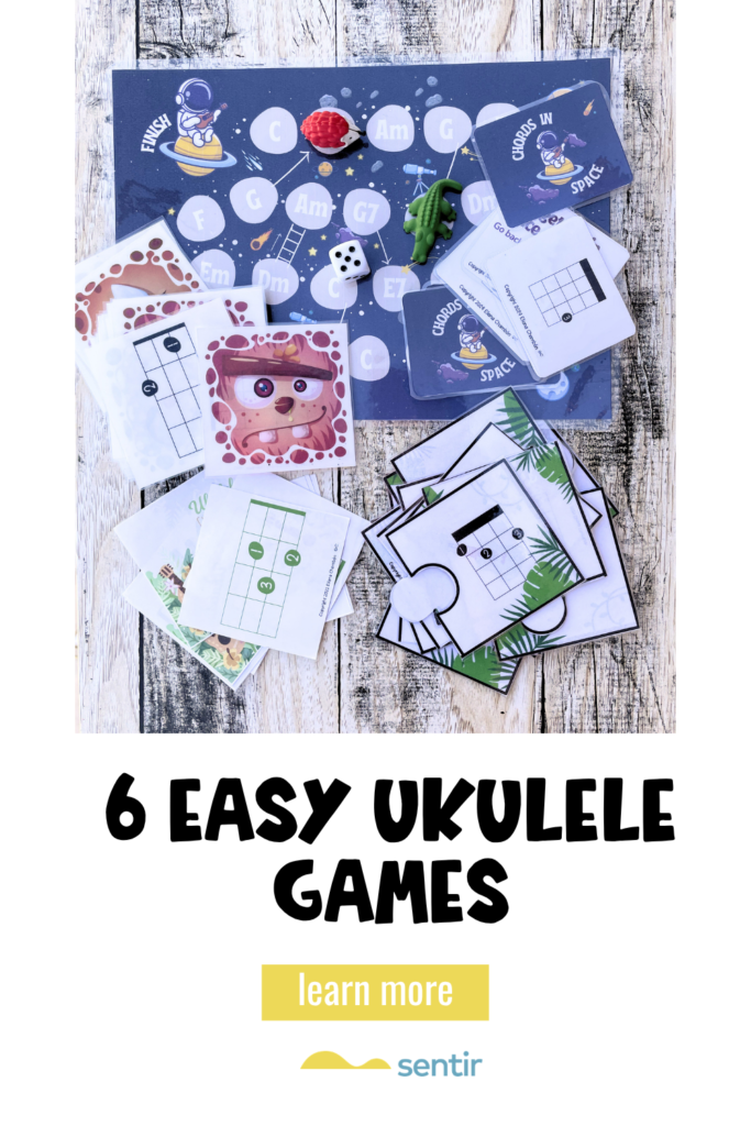 6 easy ukulele games for beginners using printable boards and cards, perfect for music centers and elementary music lessons