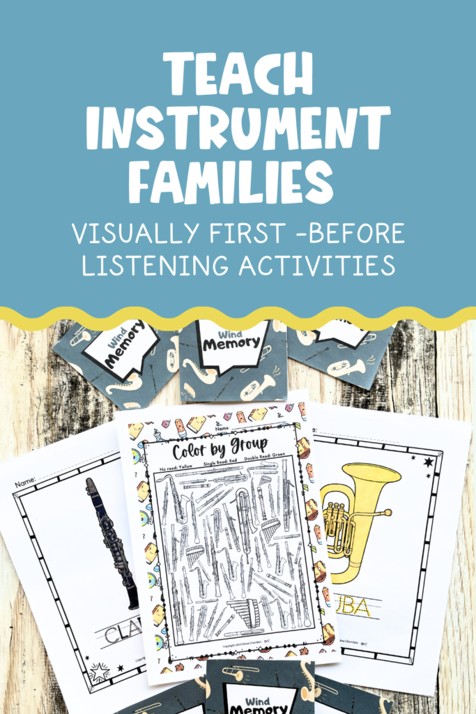 How to teach instrument families in elementary music through visual recognition before listening activities for children ages 7 to 9.