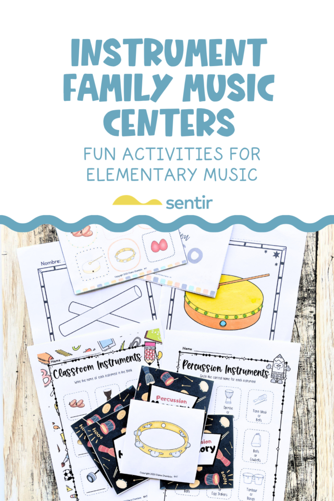 Instrument family music centers for elementary music including sorting games, memory activities, coloring pages, and listening stations.