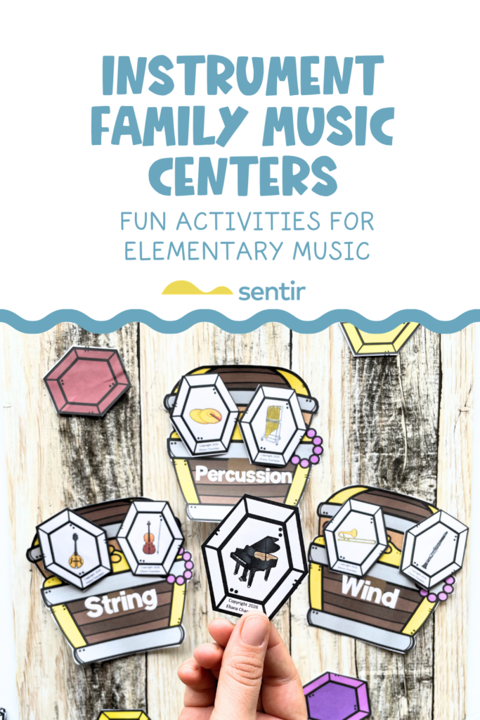Musical instrument families sorting activity treasure hunt game for elementary music class.