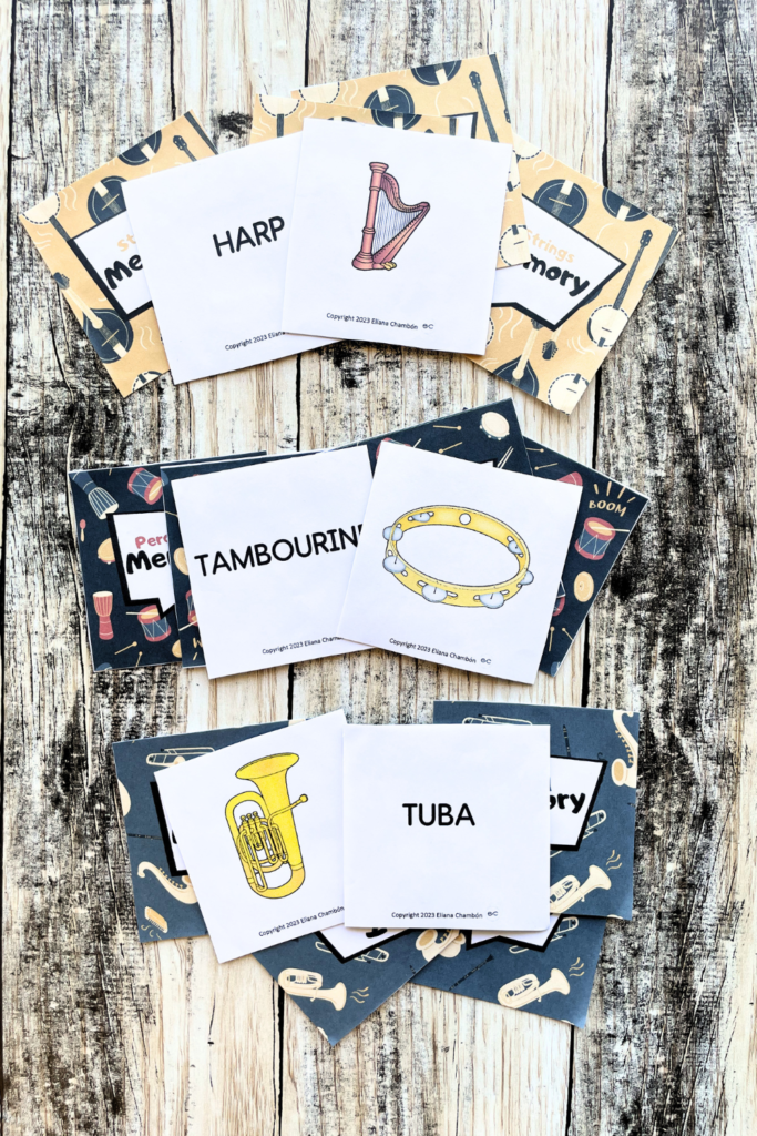 Fun instrument family games for elementary music students including bingo, treasure hunt activities, memory games, and classification challenges.
