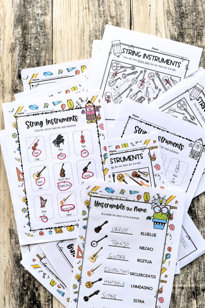 Printable musical instrument worksheets bundle for elementary music including string, wind, and percussion family activities.