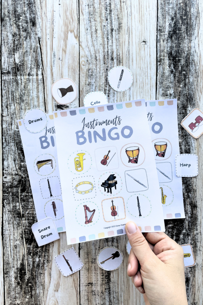 Fun instrument family games for elementary music students including bingo, treasure hunt activities, memory games, and classification challenges.
