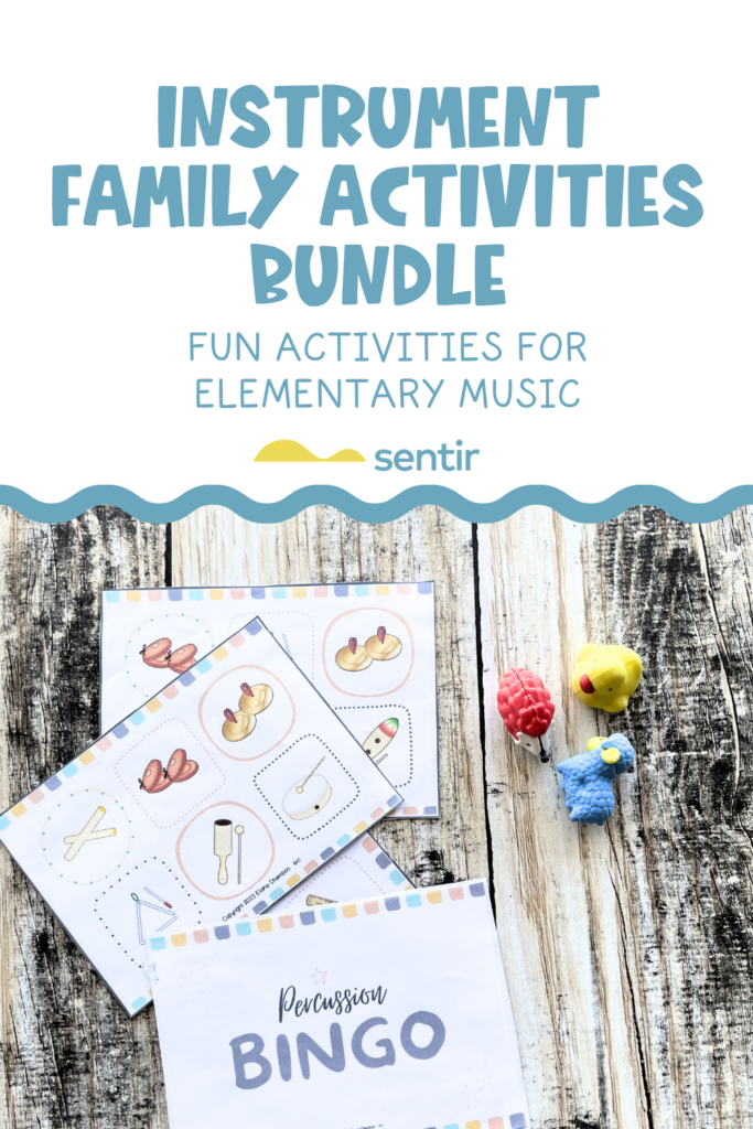 Instrument family activities bundle for elementary music with worksheets, games, bingo, listening activities, and music centers.