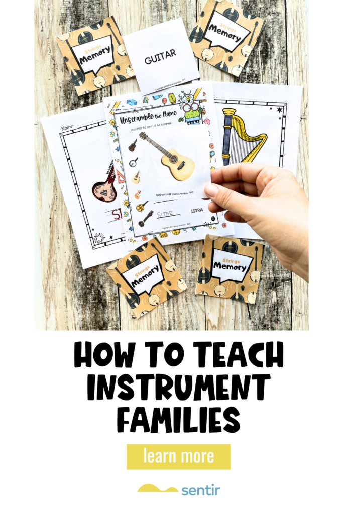 how to teach instrument families in elementary music. Elementary music instrument families activities for grades 2 to 4 using a visual-first teaching approach with games, worksheets, listening activities, and music centers.