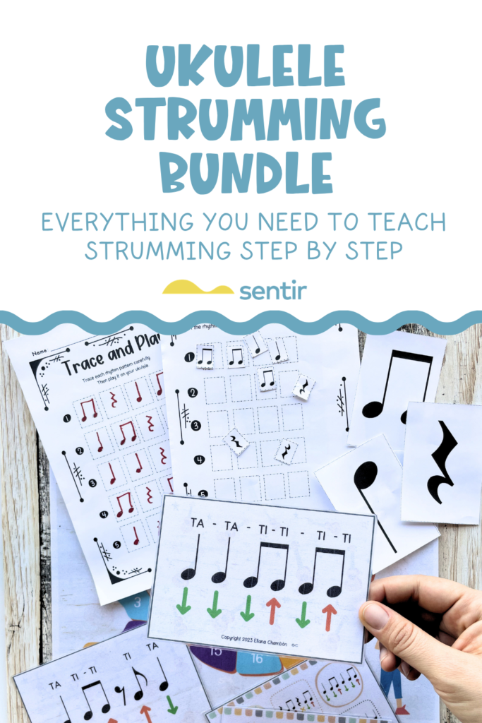 teaching ukulele strumming through rhythm. ukulele strumming bundle with games worksheets and rhythm activities for beginners