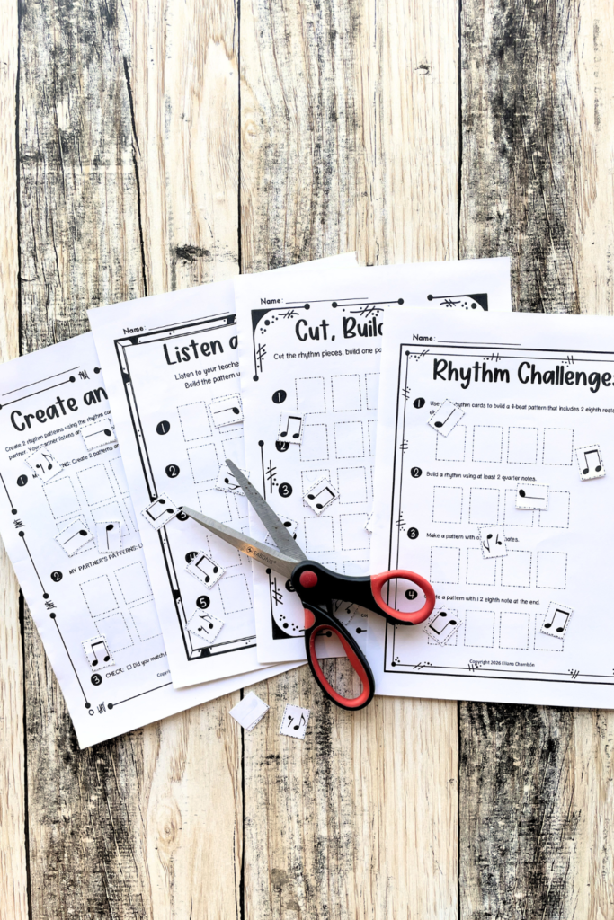 ukulele strumming cut and paste rhythm worksheets for beginner students