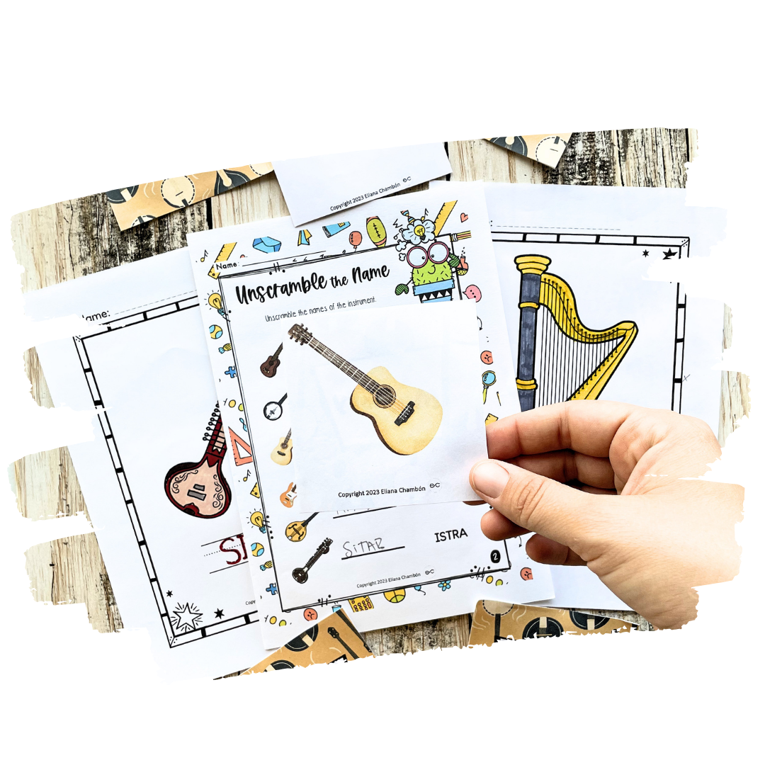 String family activities for elementary music with violin, cello, guitar, and orchestra instrument worksheets and games.