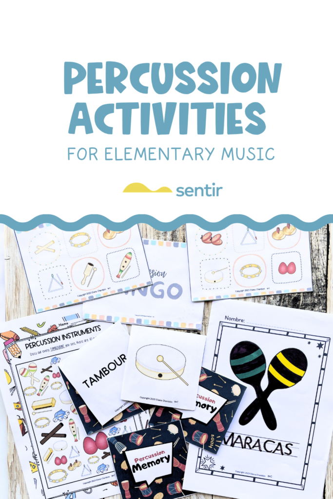 Percussion activities for elementary music including bingo games, worksheets, coloring pages, listening activities, and music centers.