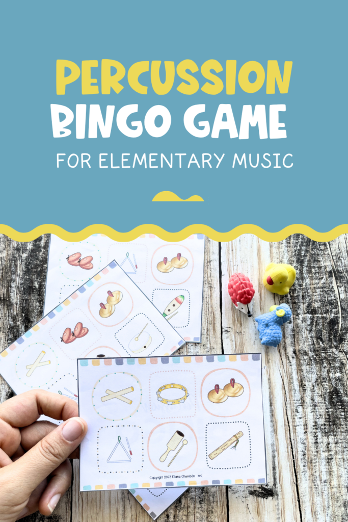 Percussion bingo game for elementary music students to practice instrument recognition, listening skills, and active music learning.