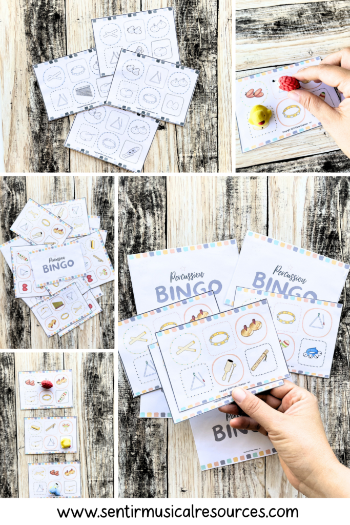 Percussion music bingo activity for instrument recognition and listening practice in elementary music classes.