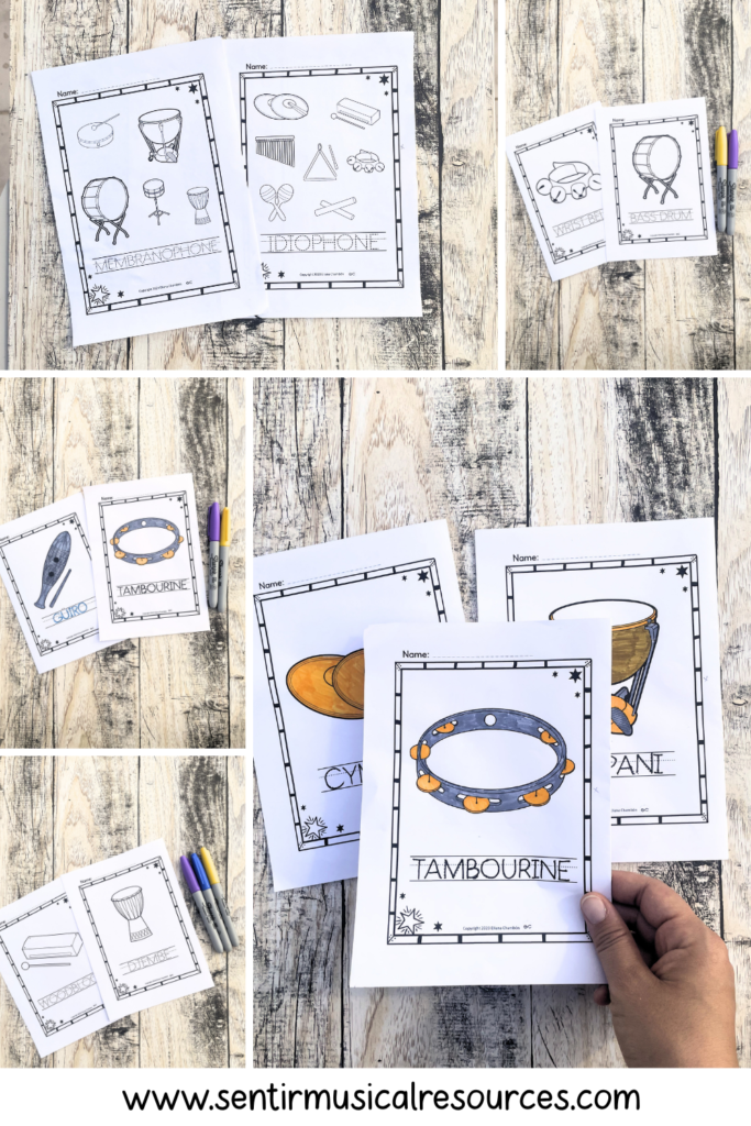 Percussion instruments coloring pages for kindergarten and first grade music students learning instrument names and recognition skills.