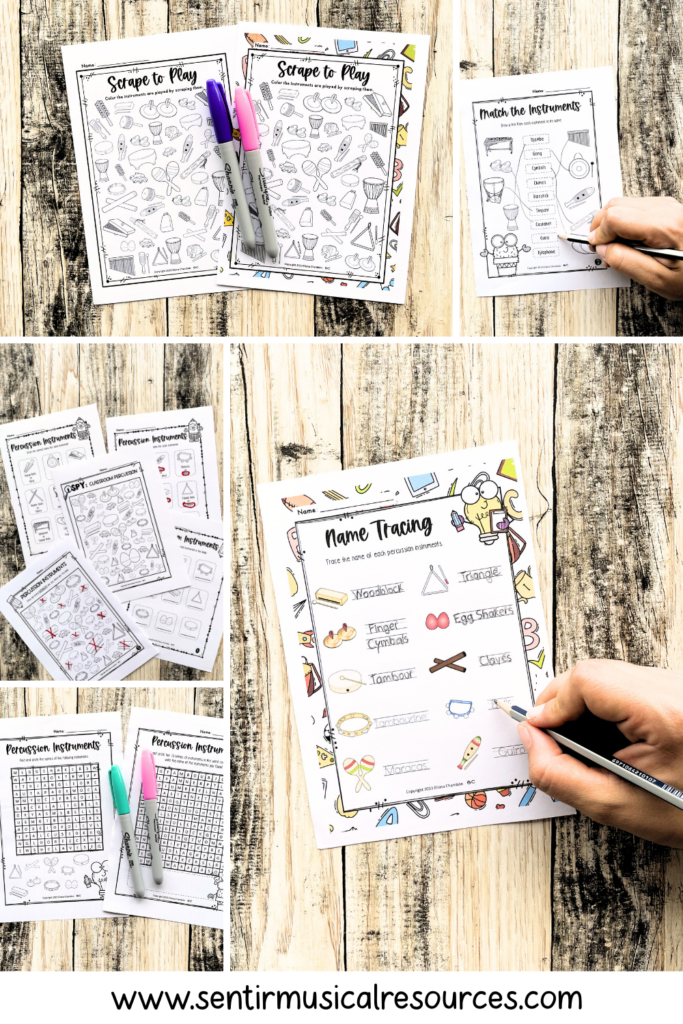 Classroom percussion instruments worksheets for elementary music students featuring identification, sorting, and recognition activities.