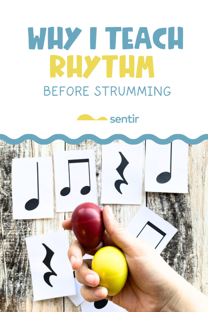 Beginner ukulele students learning rhythm patterns before strumming using color-coded rhythm cards and hands-on music activities. Collection of printable ukulele strumming activities including games, rhythm cards, worksheets, board games, and beginner strumming pattern practice resources.