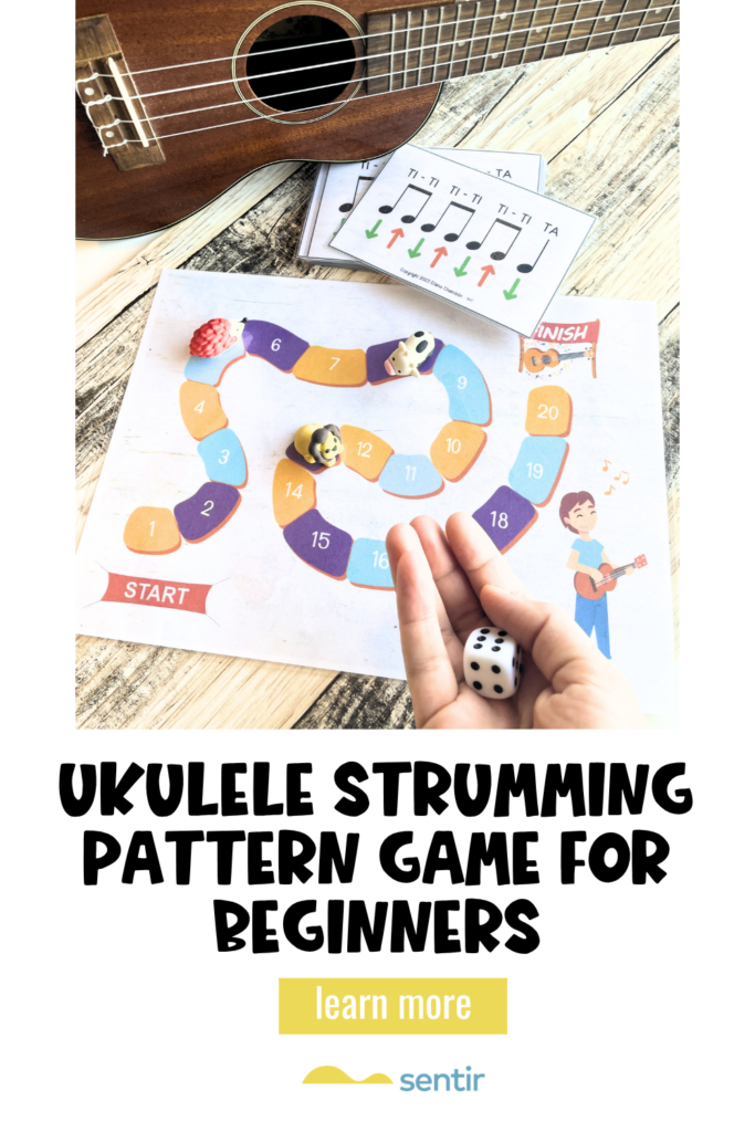 Beginner students practicing rhythm and strumming patterns with a printable ukulele strumming pattern game for music class.