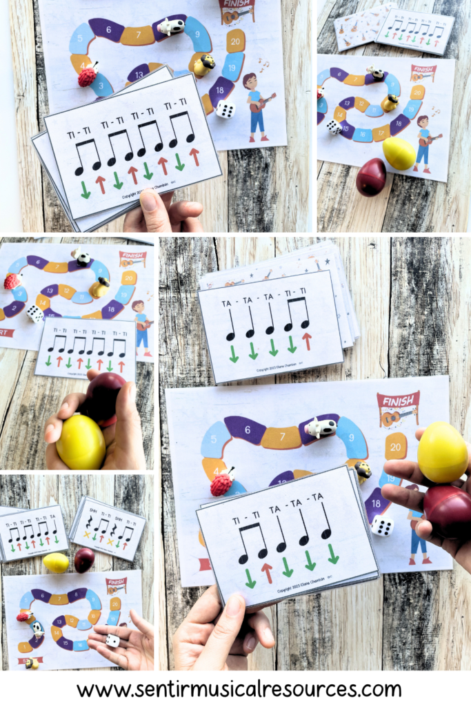 Music teacher demonstrating a ukulele strumming pattern game that connects rhythm reading with beginner strumming practice.