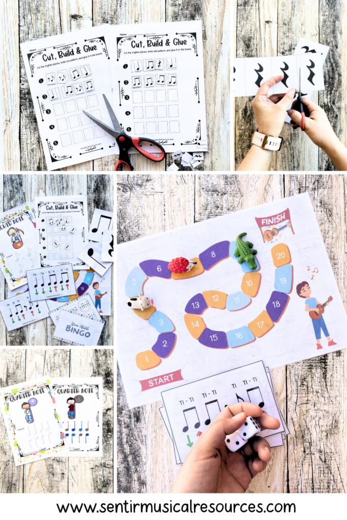 Collection of printable ukulele strumming activities including games, rhythm cards, worksheets, board games, and beginner strumming pattern practice resources.