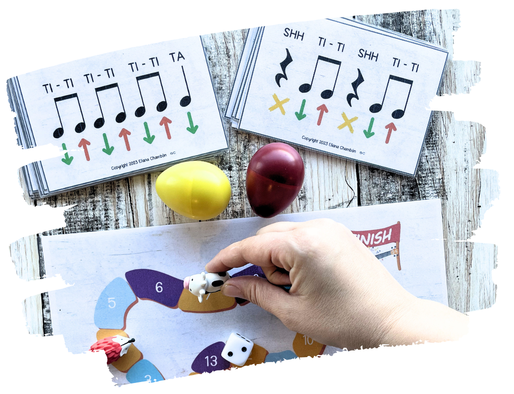 Printable ukulele strumming pattern game for beginners with rhythm cards, color-coded strumming patterns, and music class activities.