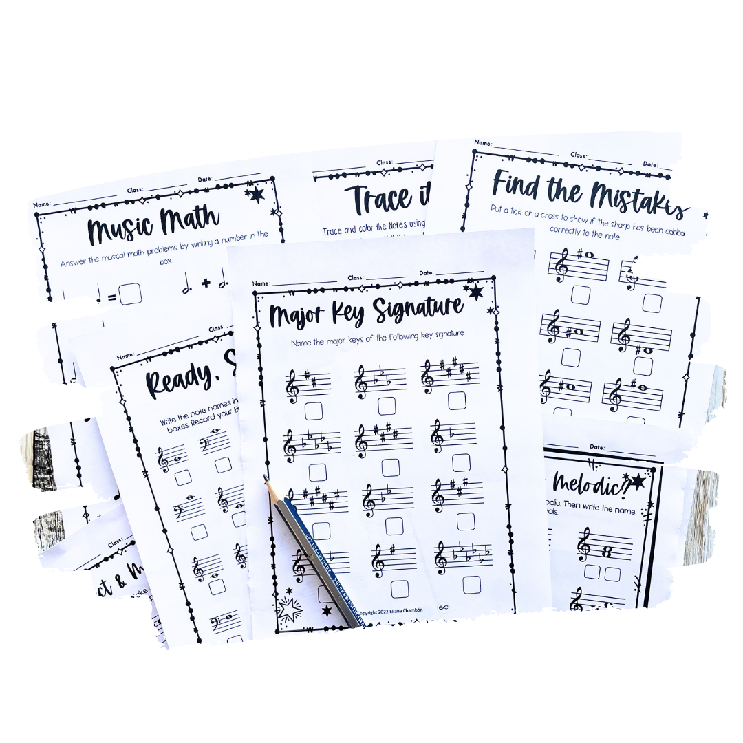 Music teacher using engaging activities and printable worksheets to teach music theory to elementary students.