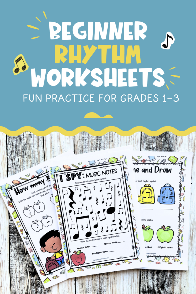 Beginner rhythm worksheets for elementary music students practicing quarter notes, eighth notes and quarter rests.