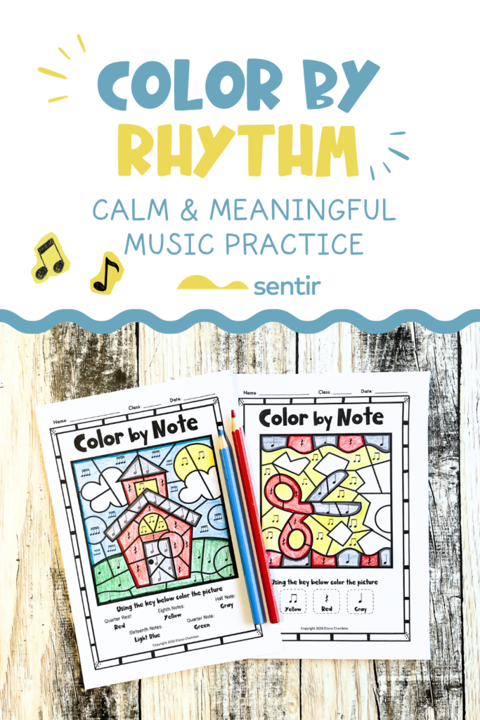 Color by rhythm printable activity for elementary music students reviewing beginner rhythm symbols.