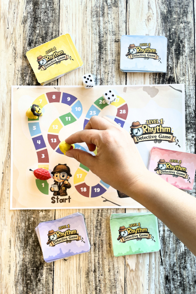 Rhythm Detective printable board game for reviewing quarter notes, eighth notes and quarter rests.