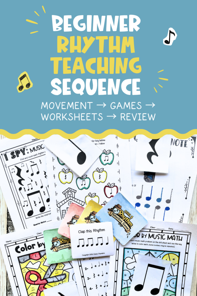 Beginner rhythm teaching sequence using printable games, worksheets and hands-on music activities for Grades 1–3.