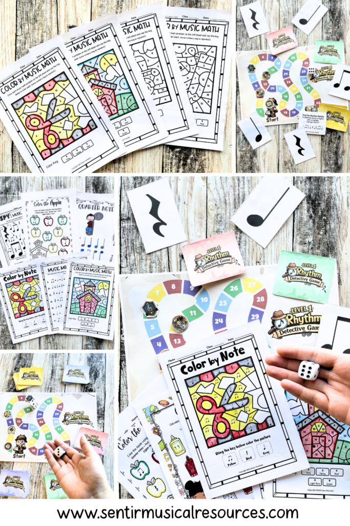 Complete beginner rhythm teaching sequence with printable games, worksheets, rhythm cards, music math, coloring activities, and review resources for Grades 1–3 elementary music.
