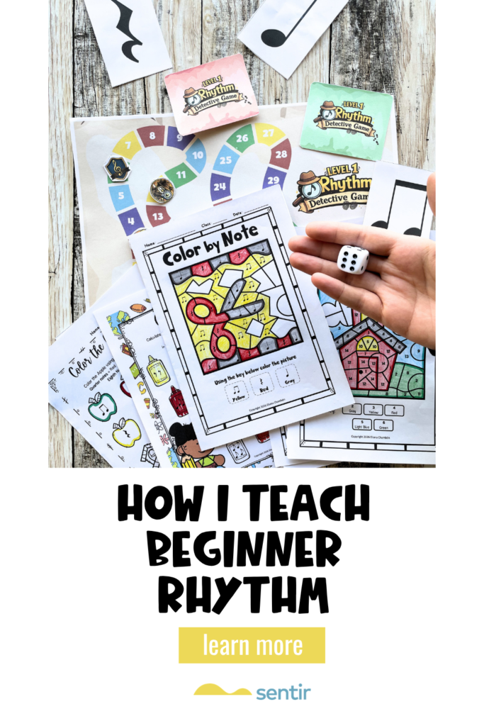 Beginner rhythm activities for elementary music teaching quarter notes, eighth notes and quarter rests through games and movement.
